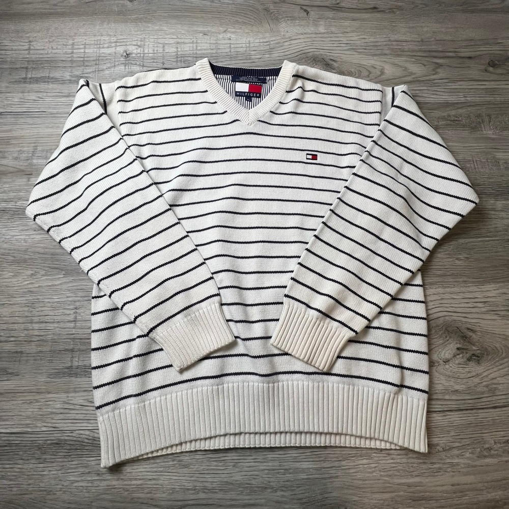 Tommy Hilfiger Sweater Mens XL Cream Navy Blue Striped V-Neck Cotton Pullover